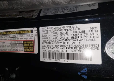 2025 Acura Rdx Standard from USA, damaged, VIN 5J8TC2H49SL036778